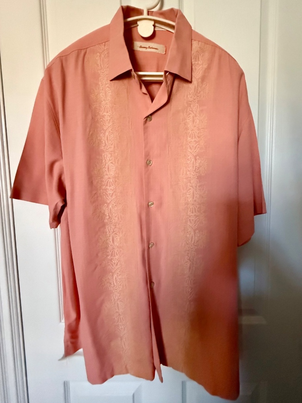 Tommy Bahama Embroidered Front Coral SS 100% Silk Shirt SZ XLX/TGT